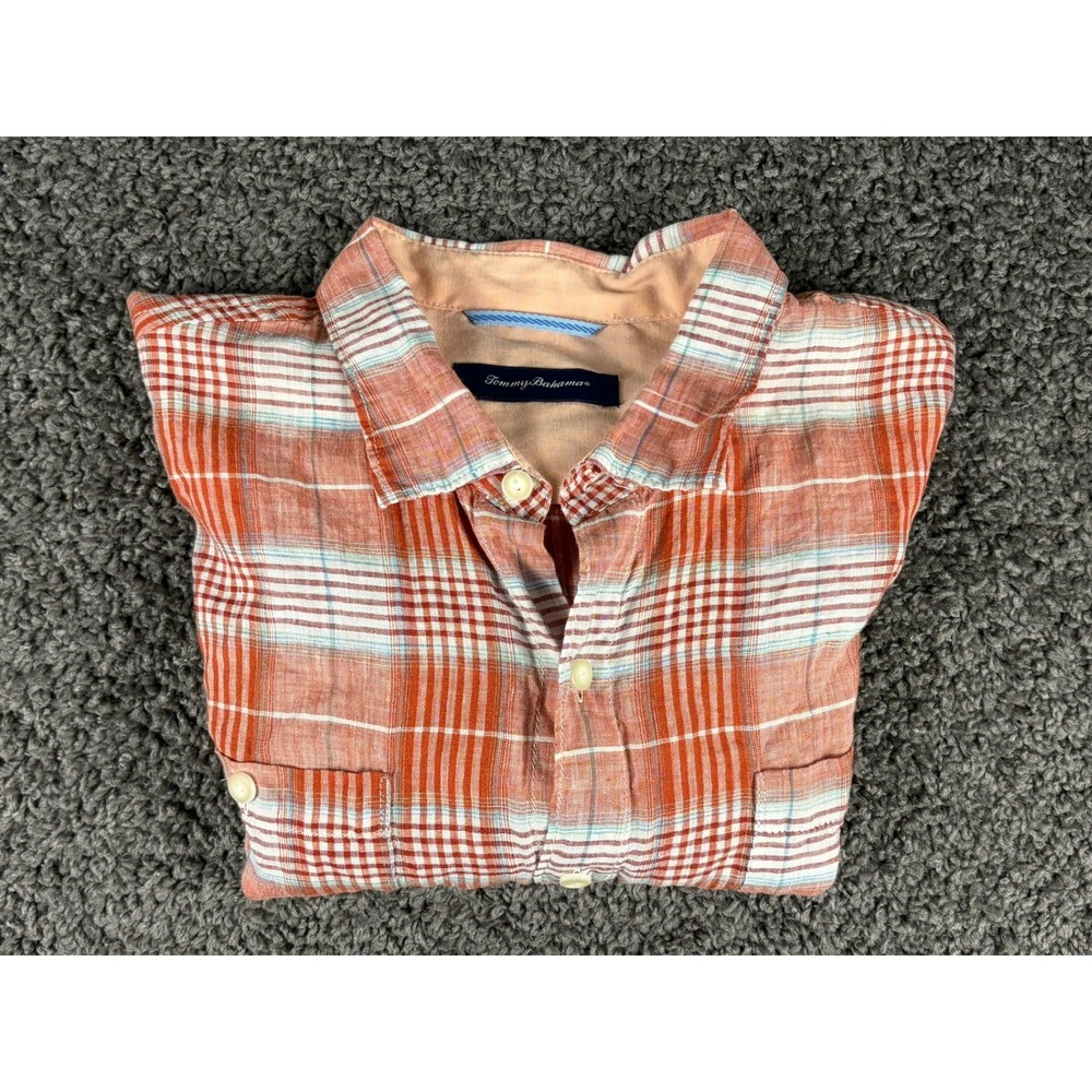 Tommy Bahama Mens XL Orange Blue Plaid 100% Linen Short Sleeve Button Up Shirt